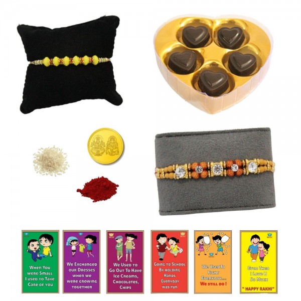 BOGATCHI 5 Heart Chocolate 2 Rakhi Gold Coin Roli Chawal and Story Card A | Unique Rakhi Gifts for Sister | Rakhi with Chocolate Online 